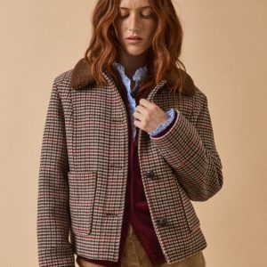 Manteau court lainage carreaux fourré femme