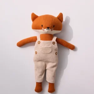 Peluche renard en tricot avec salopette velours
