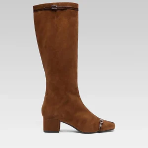 Starter - Bottes cuir velours marron avec brides vernies