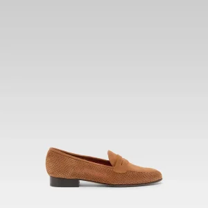2100 - Mocassins cuir velours perforé cognac