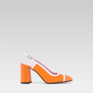 Alizee - Escarpins slingback cuir verni orange et blanc
