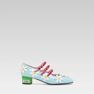 Daisy K - Escarpins babies cuir verni bleu clair et marguerites