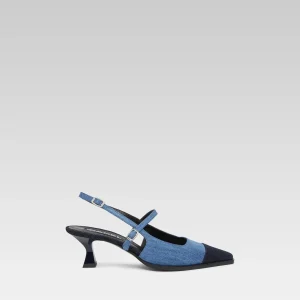 Cecile - Escarpins slingback bicolore tissu jean bleu