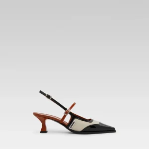 Cecile - Escarpins slingback cuir verni noir et camel et cuir beige