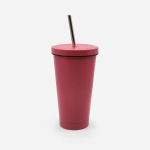 Tasse de voyage rouge cerise avec paille en acier inoxydable