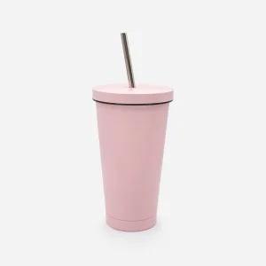 Tasse de voyage rose pâle avec paille en acier inoxydable