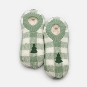 Bas pantoufles à carreaux verts et blancs avec sapin