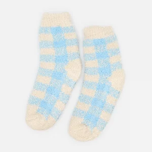 Bas douillets ivoire à carreaux bleu pâle