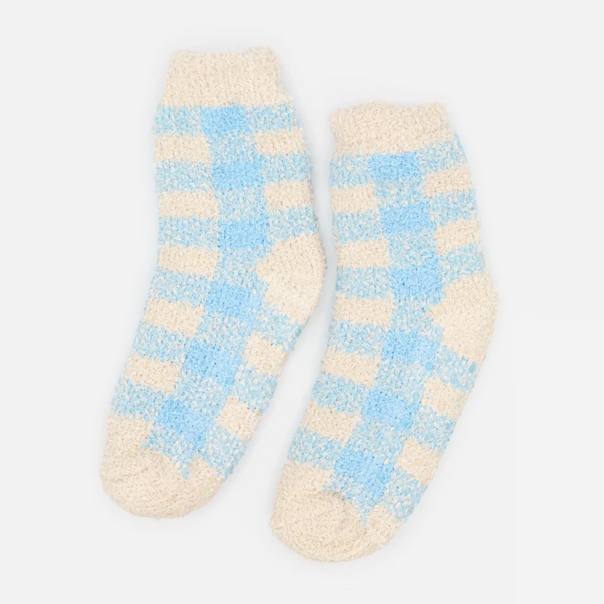 Bas douillets ivoire à carreaux bleu pâle