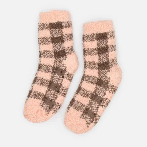 Bas douillets rose pâle à carreaux bruns